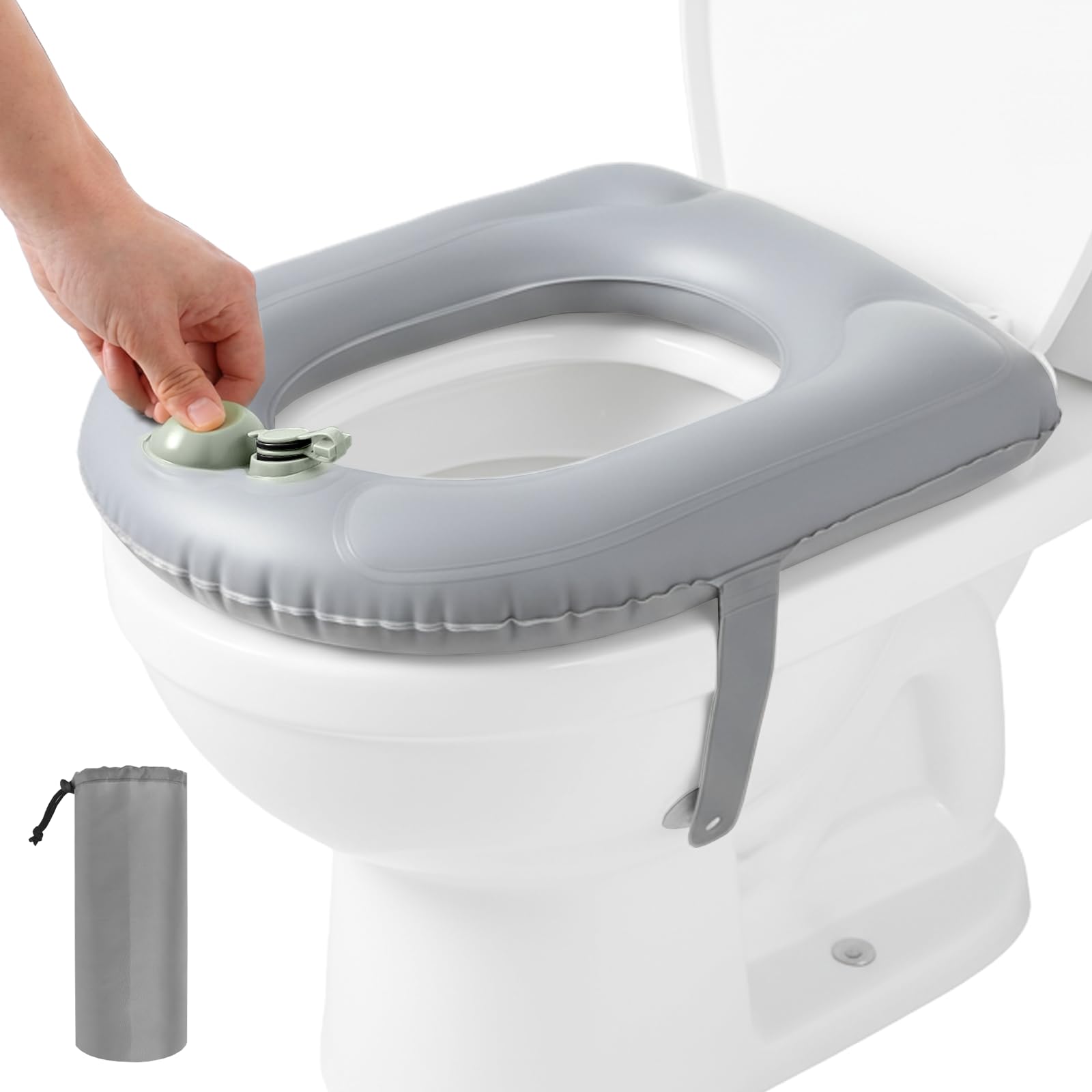 Inflatable Toilet Seat Cushion for Seniors, Portable Raised Toilet Seat Pad with Suction Cups & Storage Bag, Soft PVC Commode Cushion for Elderly, Bedside Toilet, Travel & Camping Use