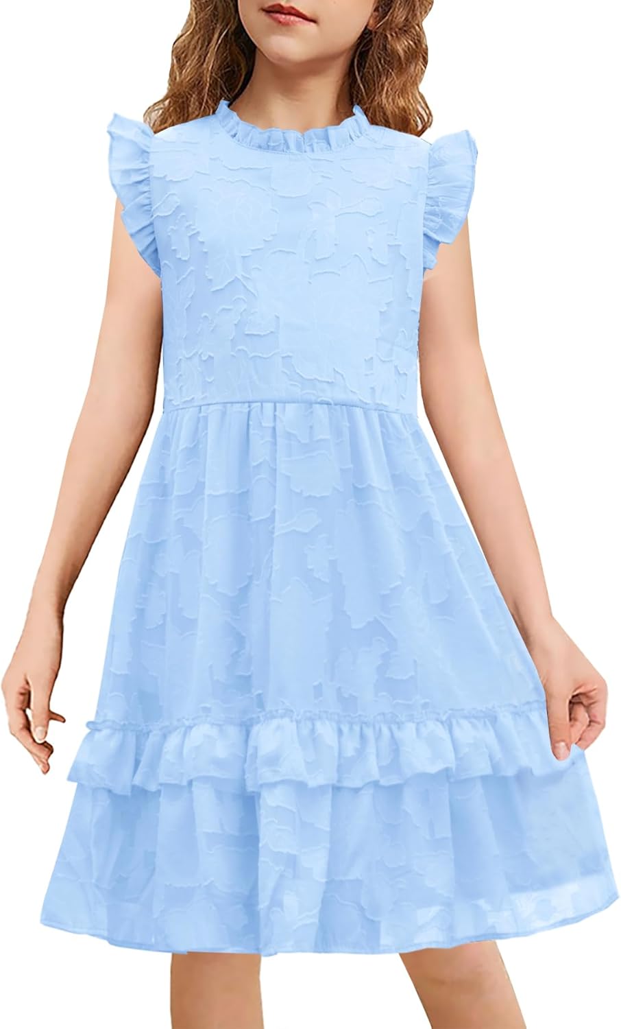 MITILLY Tween Girls Summer Beach Dress Casual Sleeveless High Waist Ruffle Flowy Trendy Vacation Holiday Sundress Light Blue Size 10-12