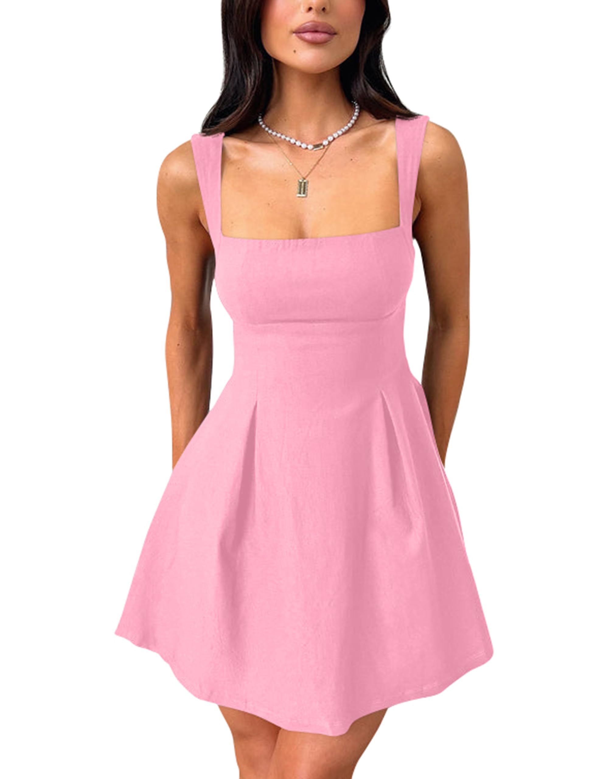 YMDUCH Women's Sexy Sleeveless Square Neck Adjustable Straps Bow Tie A-line Mini Party Club Dress