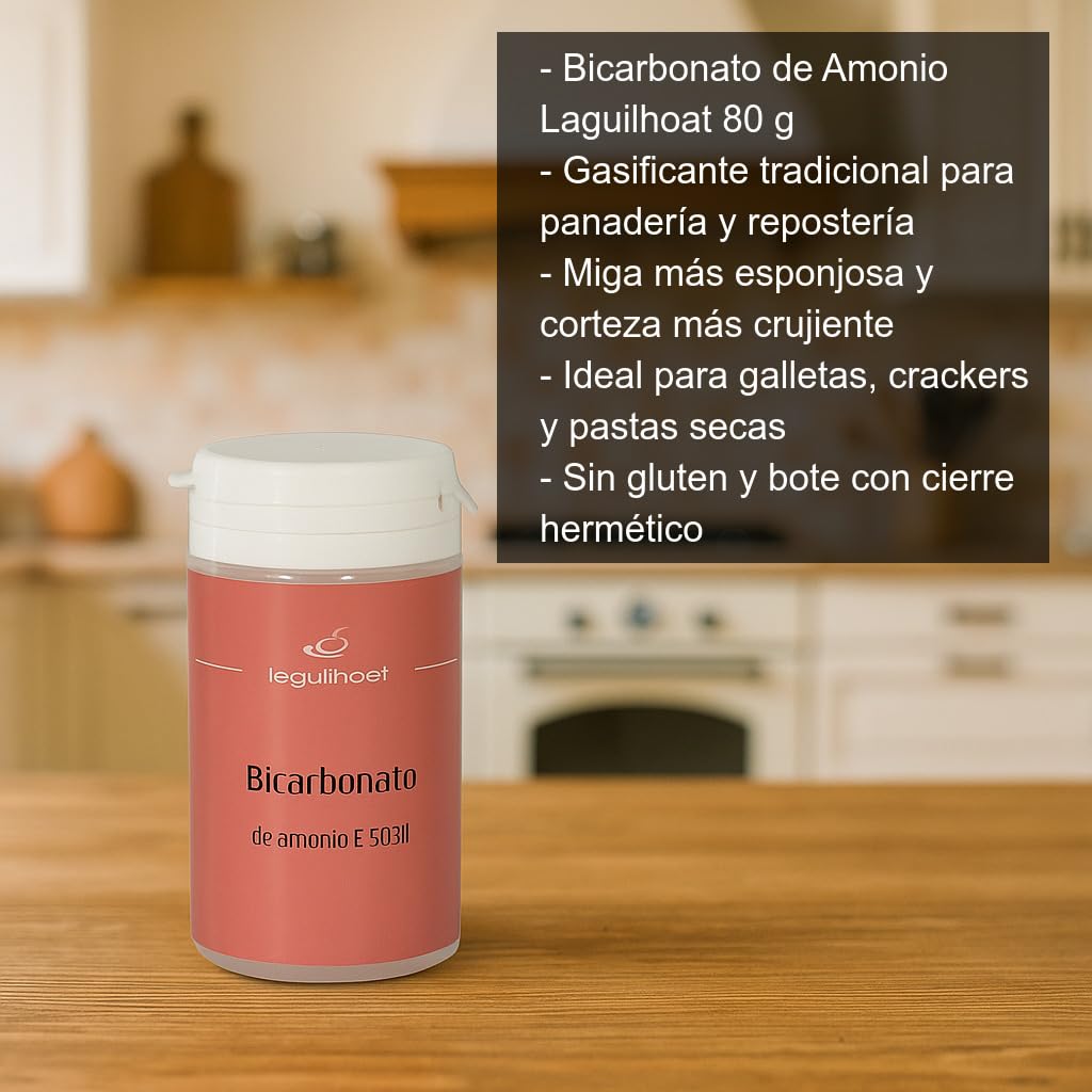 Bicarbonato de amonio 80 g para repostería y panadería Gasificante tradicional para galletas crujientes y masas ligeras Mejorador de masas sin gluten en bote hermético