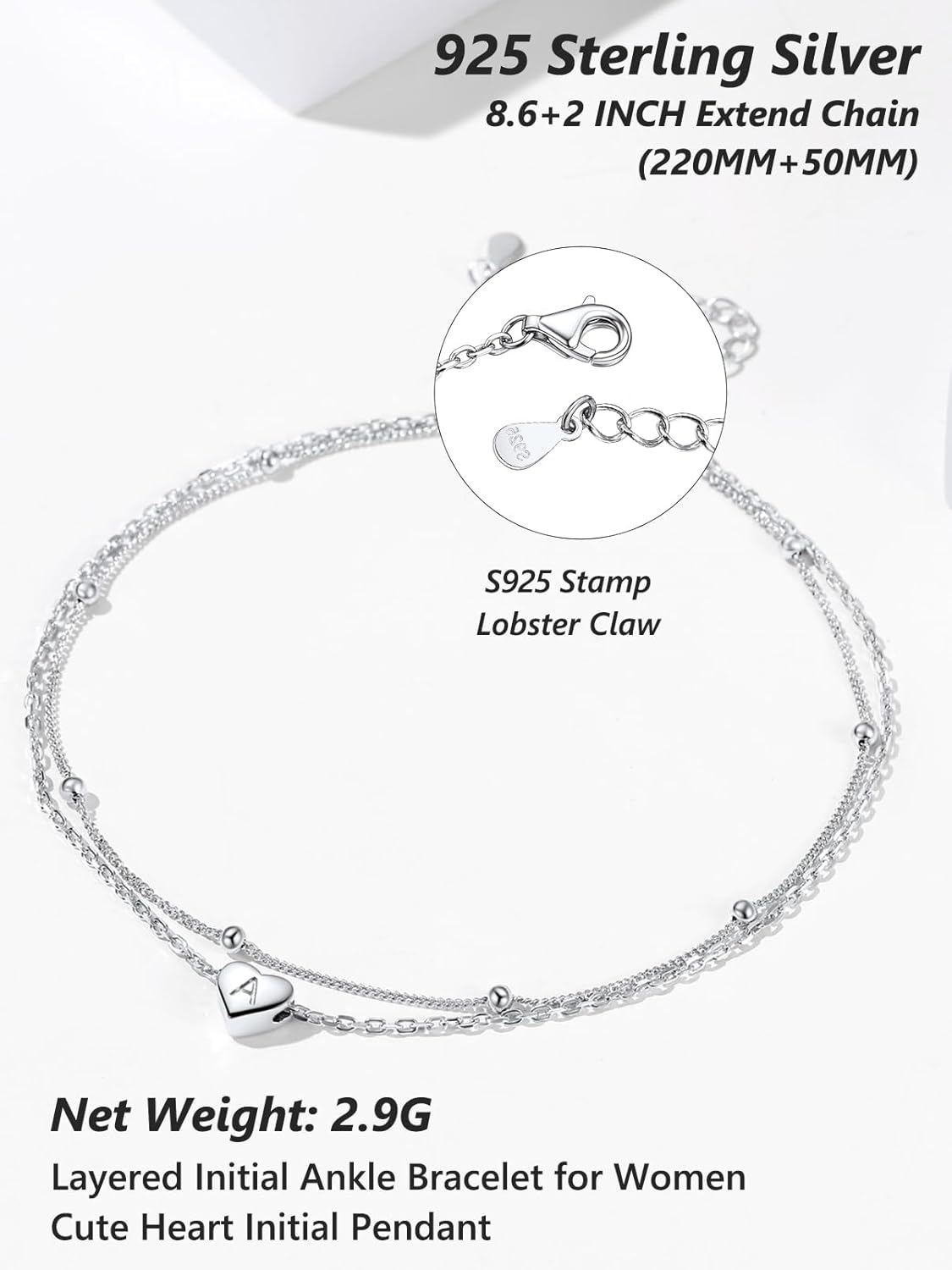 Silvora 925 Sterling Silver Anklets for Women Heart Anklet with Beaded Heart Initial Anklets for Womens - Image 9