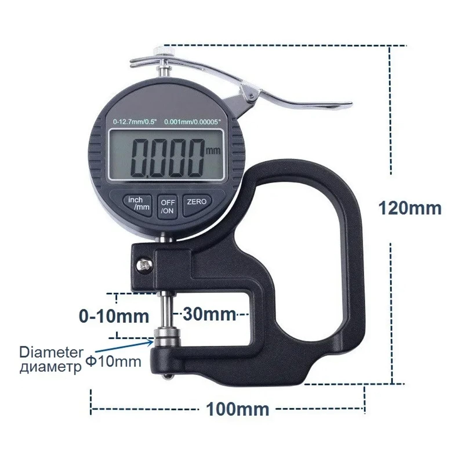 Calibrador digital de cabeza plana de 0 a 25 mm, medidor de espesor, micrómetro porcentual, película, cable, cuero, papel, herramientas de medición Alta Sensibilidad(0-10mmx0.001mm)