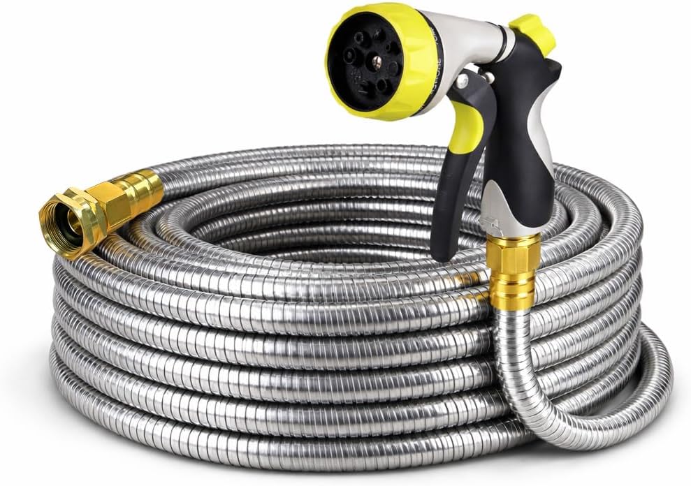Metal Garden Hose 25 ft – 304 Stainless Steel Water Hose with Nozzle Sprayer, Garden Hoses Flexible, Lightweight, No Kink, Heavy Duty for Outdoor (25 ft)