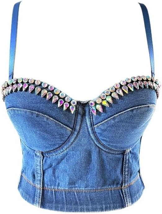 Denim Suspenders for Outer Wear and Diamond-Studded Slim Tube Top Water Drop Bright Diamond Hot Girl Top Trend(D,40C)