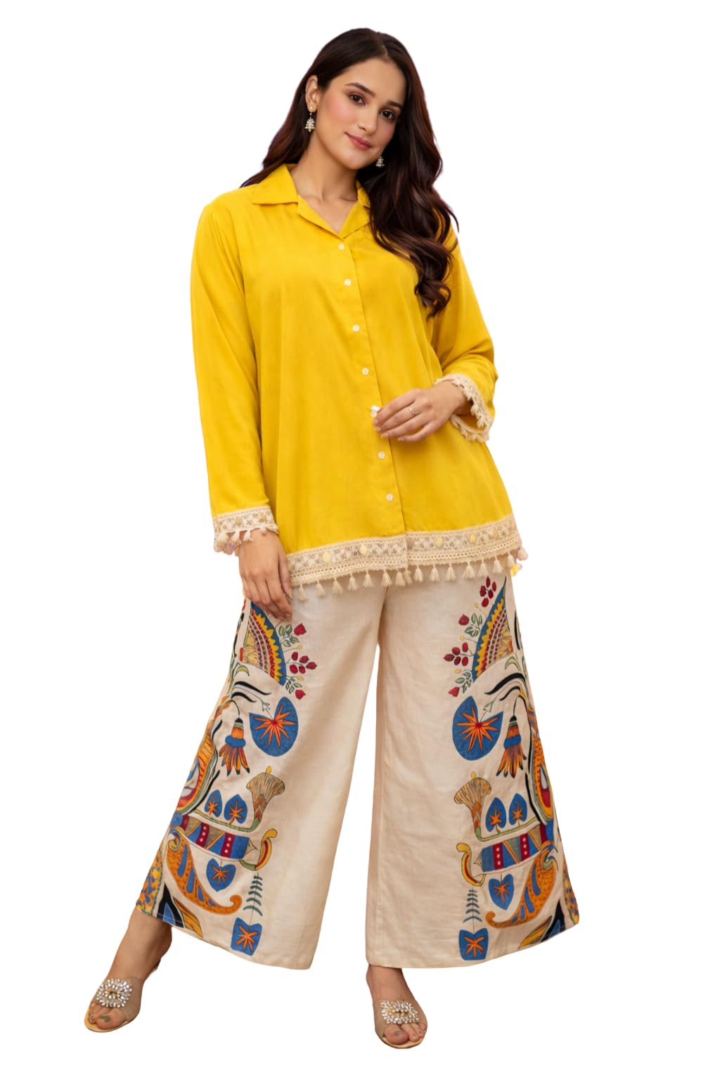 shrisay creation Women's Rayon Silk Printed Work Co_Ord Set Collor Neck & 3/4 Sleeve Lightweight & Breathable Fabric_Yellow_2XL-Soft & Comfortable-picture-11