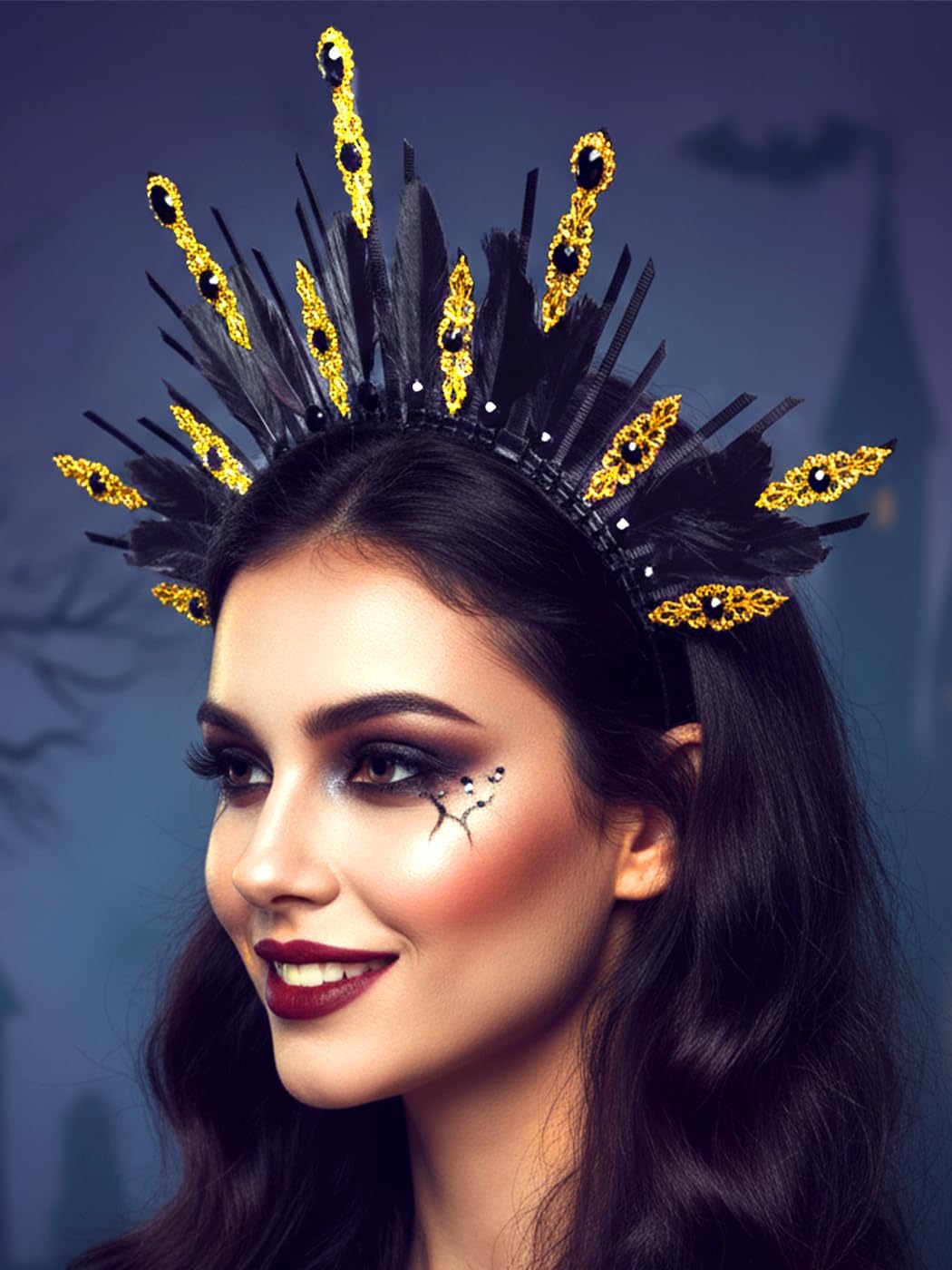 Urieo Halo Crown Headpiece Black Goddess Headband Halloween Cosplay Hair Accessories for Women - Image 7