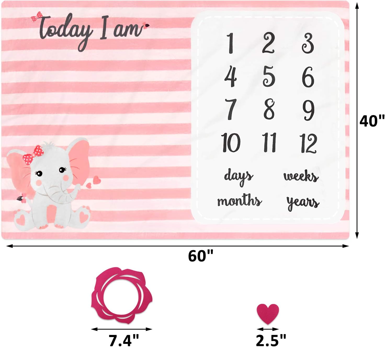 Pink Elephant Baby Monthly Milestone Blanket Pink Little Peanut Blanket Organic Plush Fleece for Newborn Baby Girl Photography Background Prop Soft Blanket with Frame