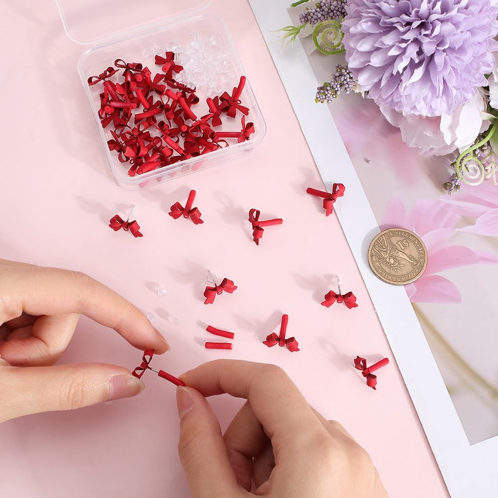 1 Box 40Pcs Bow Earring Post Bow Earrings Findings with Loop Ear Nuts Red Bowknot FireBrick 925 Sterling Silver Pins Alloy Earring Studs for Jewelry Making Earrings Supplies DIY Crafting