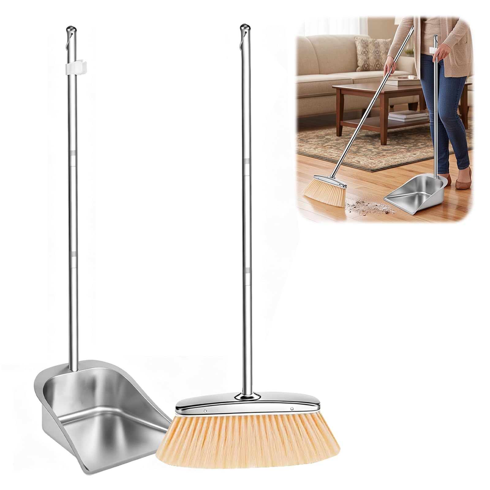 Set di scopa e paletta con manico lungo, pala e scopa in acciaio inox, 108 cm/118 cm, set di paletta per ufficio, cucina, corridoio, pavimento, giardino, casa