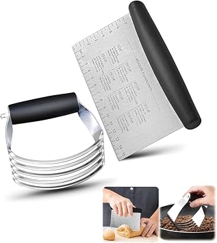 2er Pack Stainless Steel Pastry Blender Cutter and Bench Scraper Set, Efficient Multipurpose Kitchen Baking Tool with Ergonomic Grip Handle for Nut, Pie and Dough Processing Cutter & Scraper