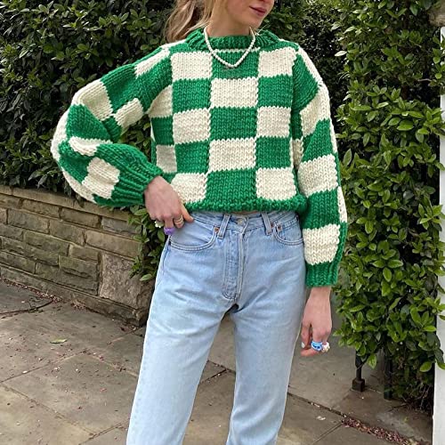 Frauen Mode Checkerboard Beiläufige Pullover Langarm Streetwear Chunky Pullover Plaid Jumper Strick T-Shirt Tops Crew Hals Cover