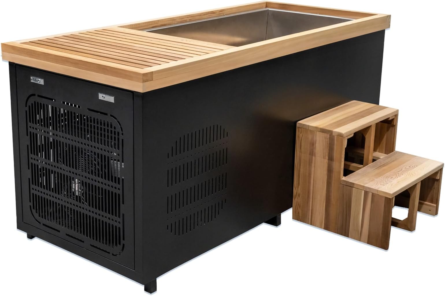 Smartmak Cold Plunge Tub with 1HP Chiller,500L Red Cedar Ice Bathtub,Cooling and Heating, WiFi丨Filter丨Ozone/UV, Stainless Steel Base, with Lid, Wood Seat(37-107℉) (Rectangular-1)