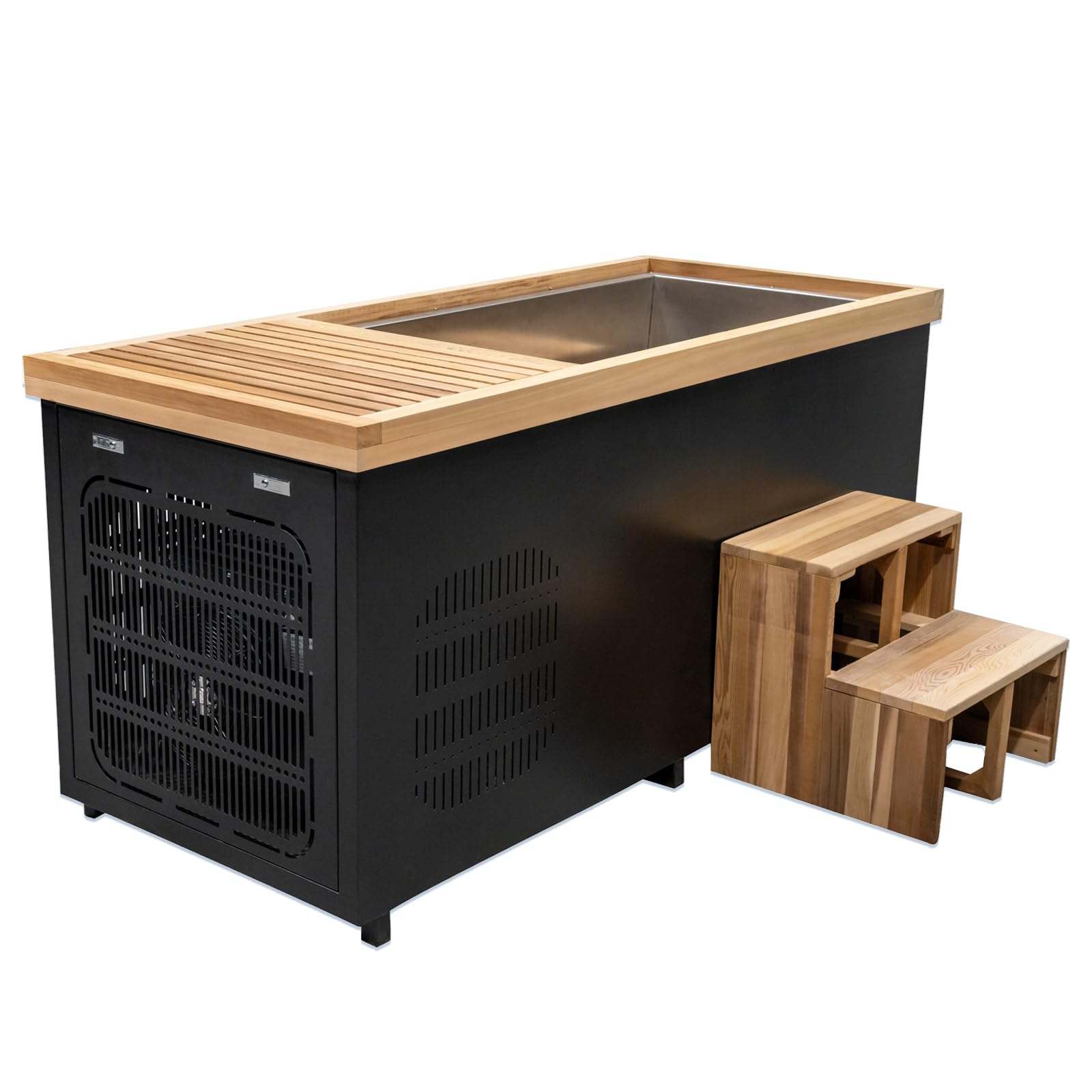 Smartmak Cold Plunge Tub with 1HP Chiller,500L Red Cedar Ice Bathtub,Cooling and Heating, WiFi丨Filter丨Ozone/UV, Stainless Steel Base, with Lid, Wood Seat(37-107℉) (Rectangular-1)