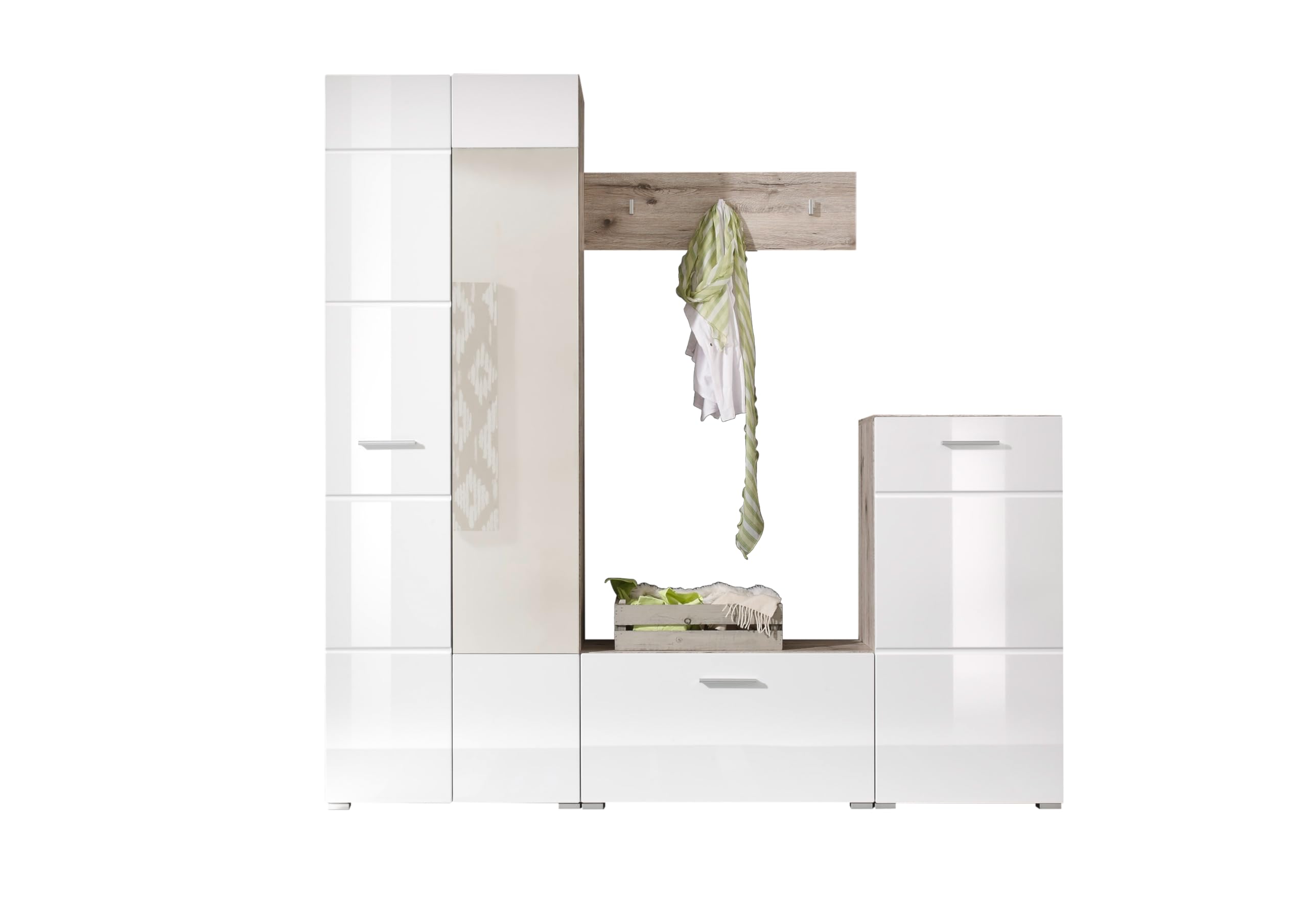 AVANTI TRENDSTORE Tiriolo - guardaroba completo in legno laminato nel colore bianco lucido e quercis sabbia, composto da armadio, panca, comó e mensola. Dimensioni LxAxP 195x195x36 cm