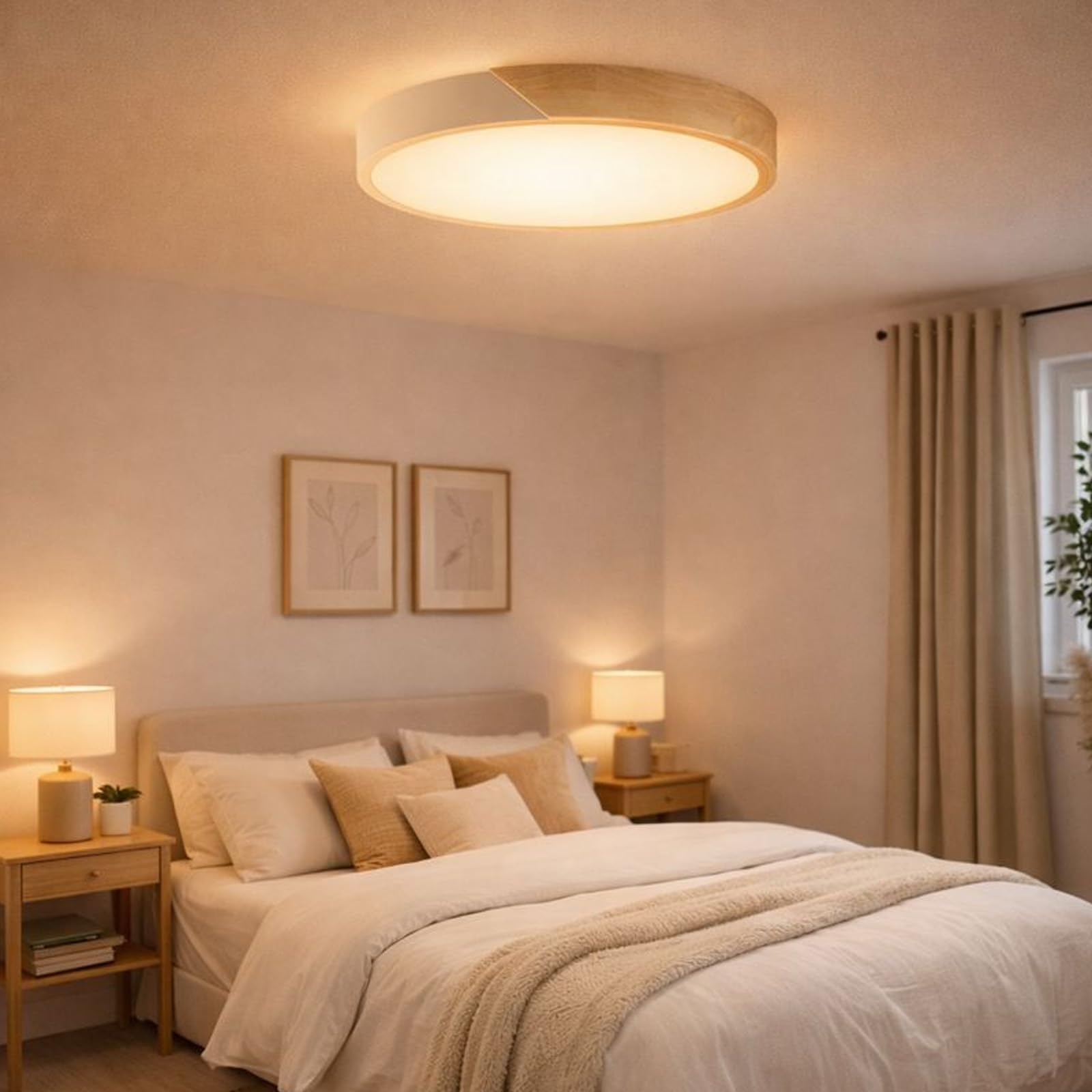 Alpinaluz Plafón LED de Techo Ø40 cm – Metal Blanco y Madera Natural – 30W con Luz Regulable CCT (3000K/4000K/6000K) – Estilo Nórdico Moderno para Salón, Comedor o Dormitorio