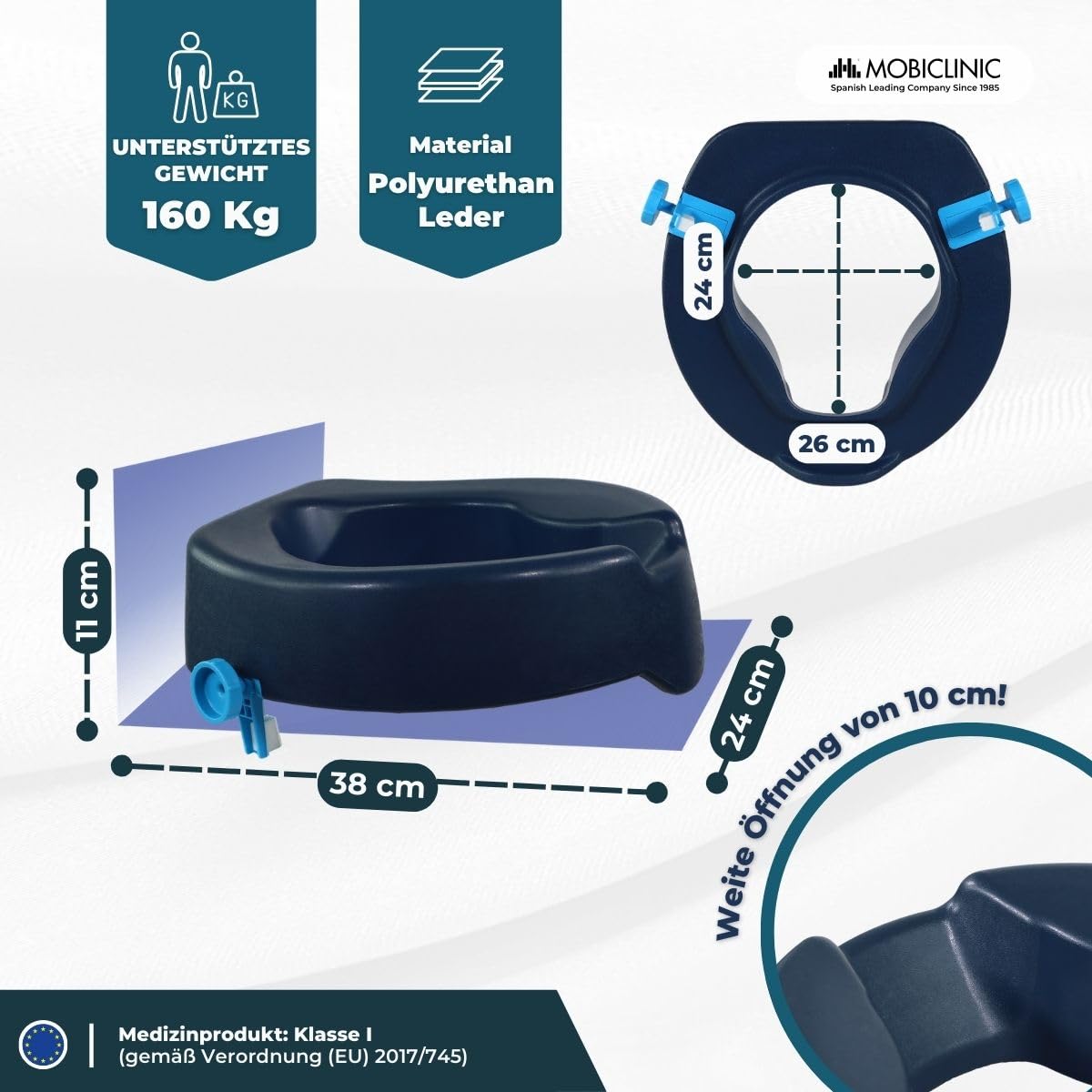 Mobiclinic®, Toilettensitzerhöhung, Río, Europäische marke, Wc sitzerhöhung, Toilettenaufsatz für senioren, Toilettenhilfe, Weich, 11 cm hoch, Blau