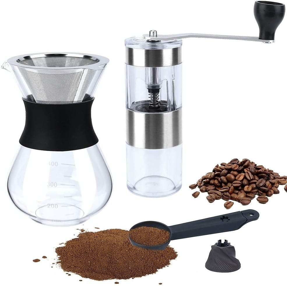 Fecihor Upgraded version Portable Manual Coffee Grinder + Pour Over Coffee Maker set, big screw and Anti-hot design, Pour Over Brewer, Hand Manual Coffee Dripper, Perfect for Traveling to brew Pour Over, Drip, Cold Brew