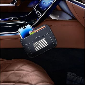 smilfuy American Flag Car Seat Side Pocket Organizer, PU Leather Seat Gap Filler Tray Pouch, Auto Cell Phone & Sunglasses Holder, Mini Vehicle Storage Bag for Stowing Tidy Flag, Black/White
