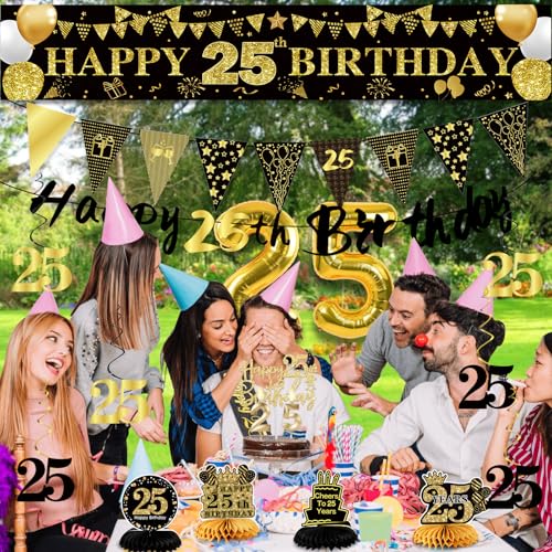 Image of 25th Birthday Decorations for Men, Black Gold 25th Party Decoration Kits | 27pcs Happy 25th Birthday Set, Banner, Honeycomb, Balloons, Gold Number, Candle, Hanging Swirls, Cake Topper, Party Supplies