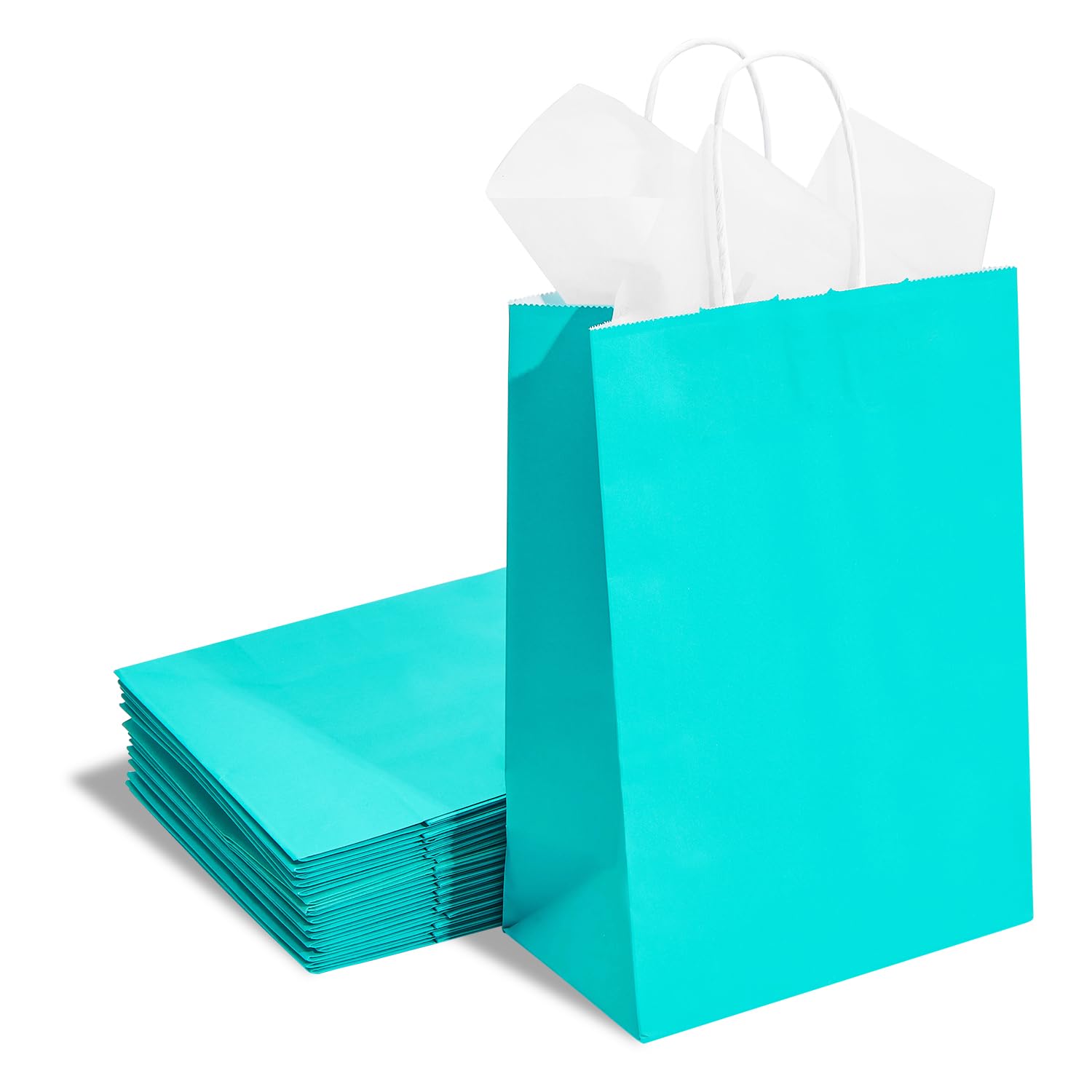 DjinnGlory 24 Pack Medium Size Teal Blue Paper Gift Bags with Handles 10x8x4 Inch and 24 Tissue Paper for Birthday Wedding Baby Bridal Shower Party Favors, Merchandise Shopping Bags