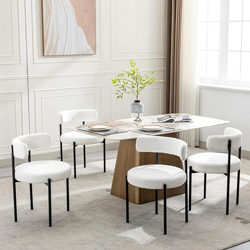 Miniatura 8 de Boucle - Juego de 4 sillas de comedor blancas con asiento tapizado y respaldo redondo, sillas de cocina modernas de mediados de siglo para comedor,