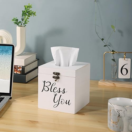 Miniatura 6 de DUICIRX Bless You - Funda para caja de pañuelos de madera, color blanco rústico, cuadrado, soporte para papel higiénico de granja o servilletero