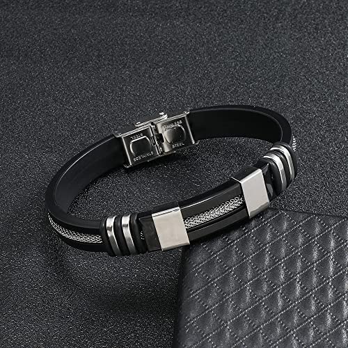 Colorful Bling Trendy Silicone Adjustable Bracelets Stainless Steel Wrap Cuff Link Bracelets Jewelry Gifts （Black） #TOP3