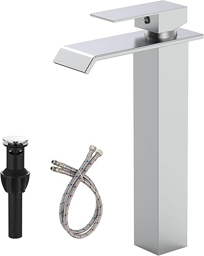 Grifo de lavabo moderno, alto, cromado, cascada, un solo agujero, cromo pulido, lavabo para lavabo RV con desagüe desplegable