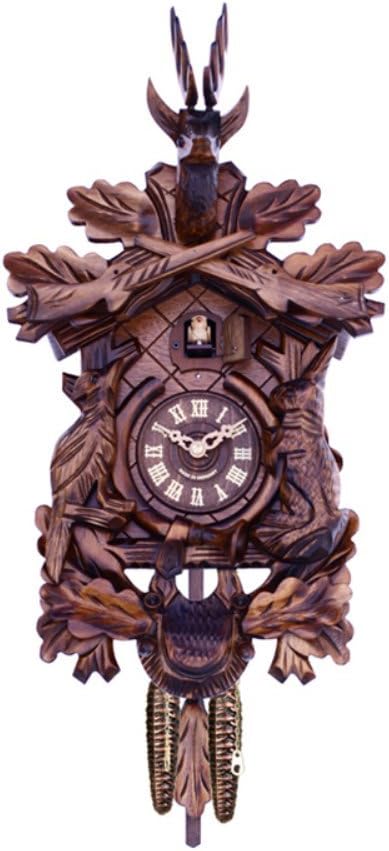 19-16Q Hunter's Cuckoo Clock with Hand-Carved Oak Leaves, Bunny, Bird, and Crossed Rifles, and Buck, 16-Inch Tall