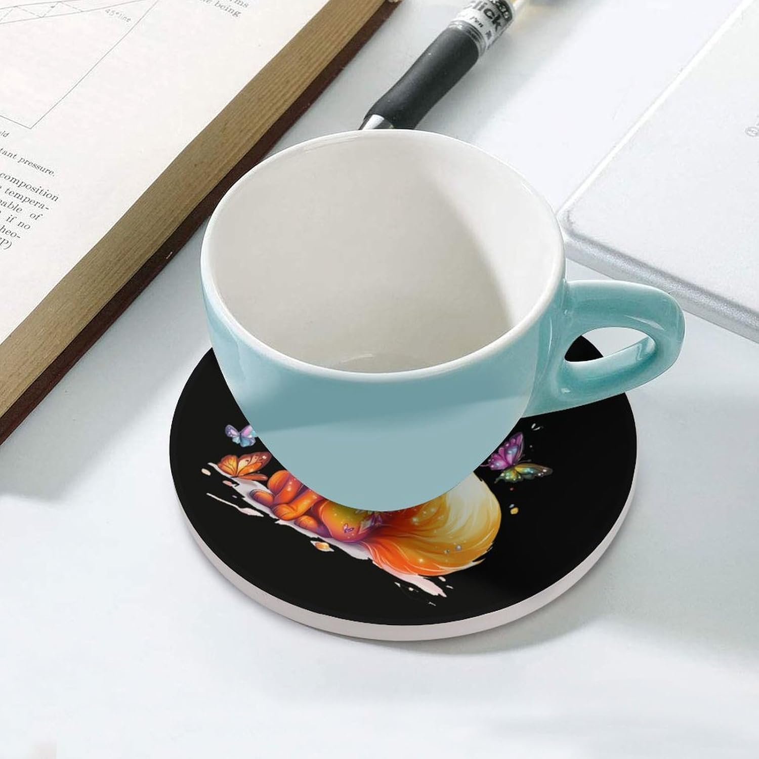 Cute Fox Coasters for Drink Round Ceramic Coaster with Cork Base Home Decorative 4PCS
