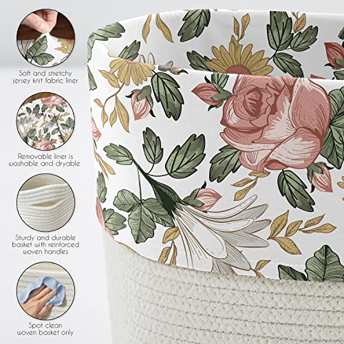 Sweet Jojo Designs Blush Pink Yellow Vintage Floral Boho Girl Woven Laundry Basket Hamper Cotton Rope Storage Bin Dirty Clothes Toy Closet Organizer Removeable Liner Bohemian Shabby Farmhouse Leaf #TOP3