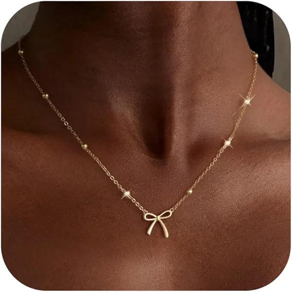 Thaivor Gold Necklace for Women Dainty Bow Necklace 14K Gold Plated Cute Choker Necklace Small Bow Pendant Charm Necklaces Teen Gift Trendy Stuff Personalized Jewelry Gifts