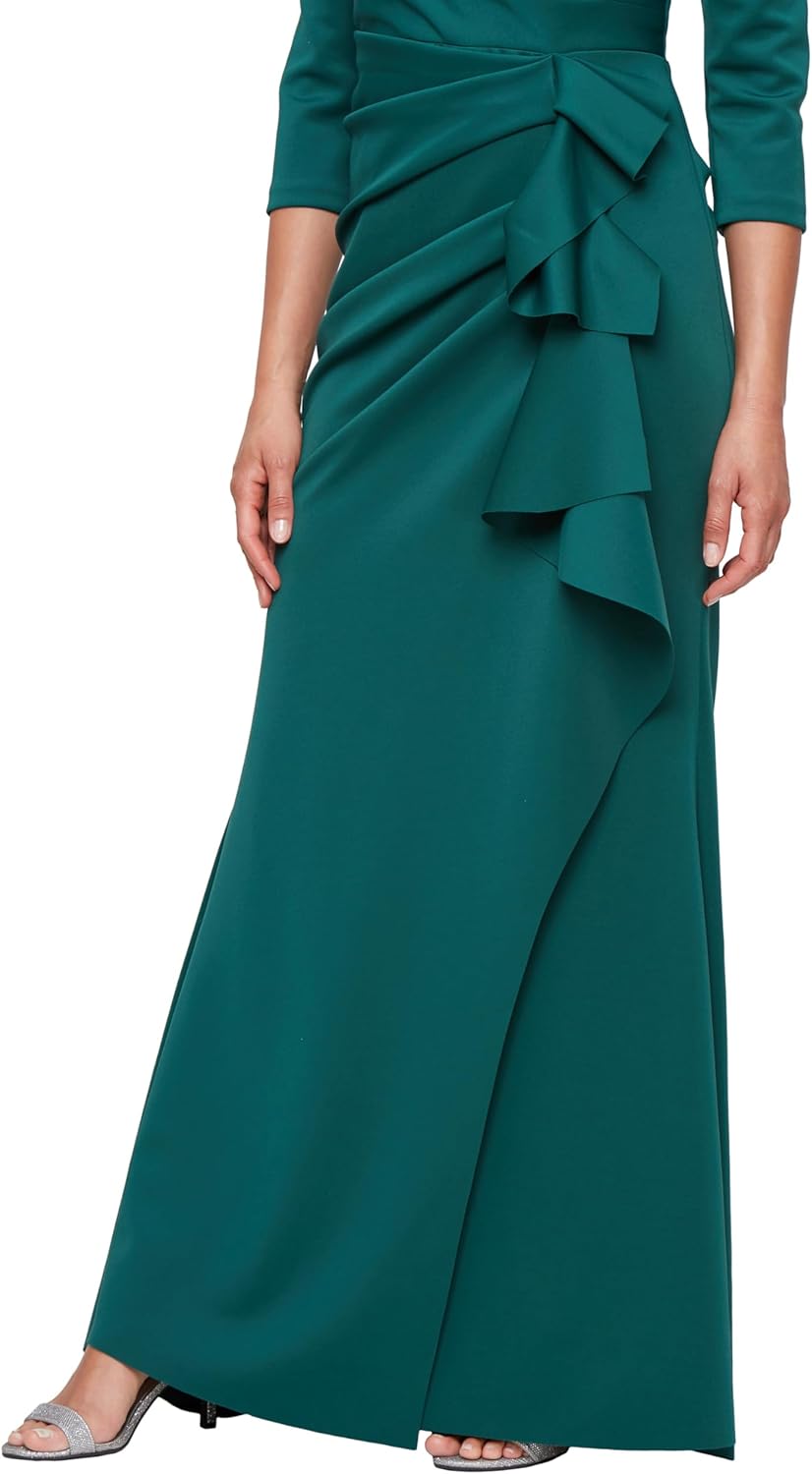 Alex Evenings Womens Stretch Scuba Crepe Dress with Surplice Neckline and Gathered Cascade Detail Skirt, Floor Length - Image 4