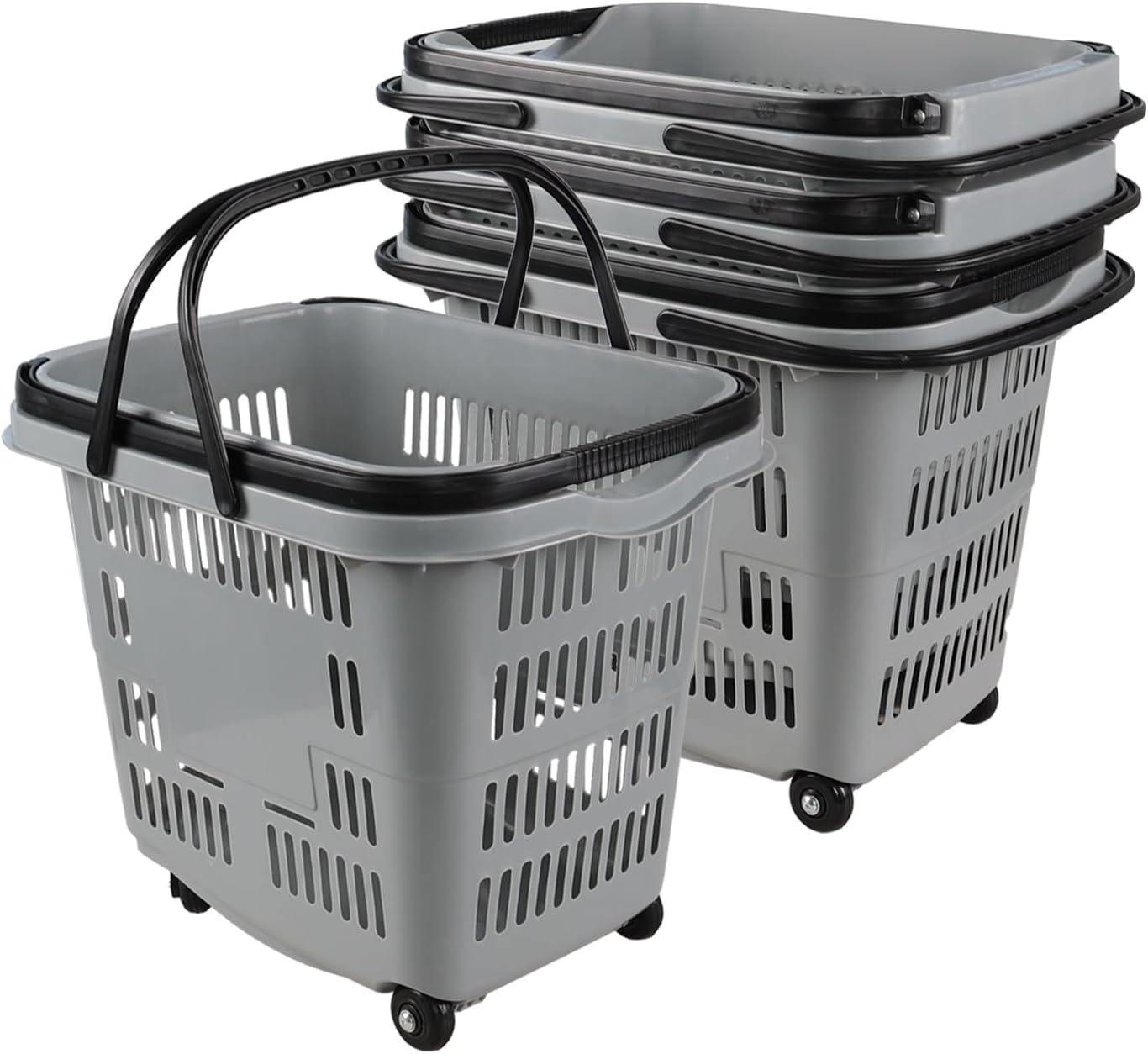 50 L Plastic Rolling Shopping Basket with Long Handle, Large Portable Retail Baskets with Wheels for Groceries, 4 Packs