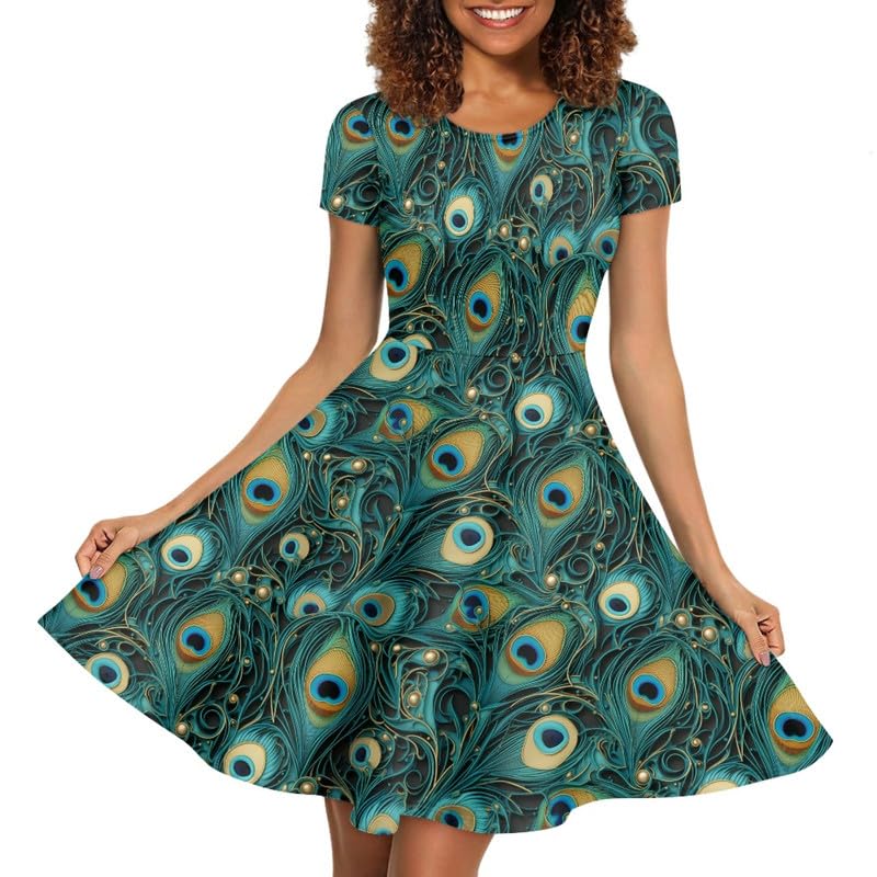 Image of Irisjudy T Shirt Dress for Women Short Sleeve Girls Short Sleeve Dress Plus Size, O Neck Knee Length Midi Dress for Ladies