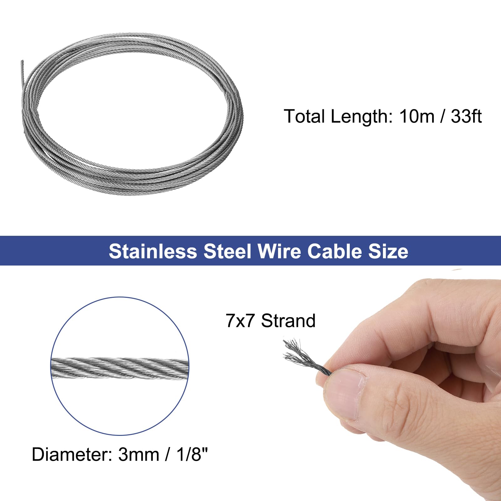 Sourcing Map 304 Stainless Steel Cable Wire Rope Kit 20FT (6M) Long 1/8" (3mm) Dia 7x7 Strand Core Aircraft Cable Marine Grade For Deck Railing System