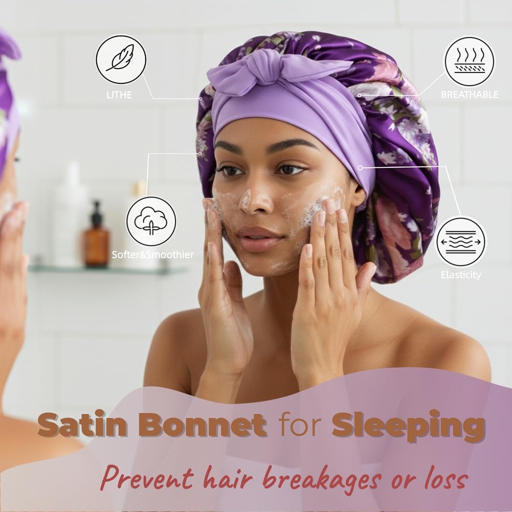 Satin Bonnets for Sleeping Women Braids Long Hair Cover Silk Hair Bonnet Night Caps XL Large Satin Sleep Cap with Tie - Image 3