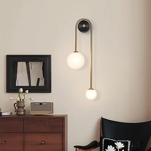 Miniatura 5 de Aplique de pared de cristal con forma de globo, 2 luces doradas, modernas, de latón cepillado, lámpara de pared de mediados de siglo con pantalla de