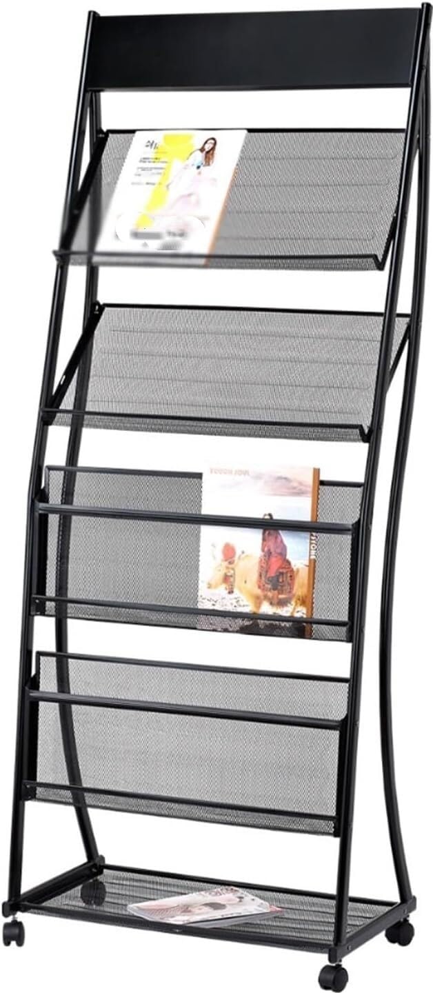 Kanduo Stojący na podłodze stojak czasopisma, 4 poziomy z kółkami, broszury, wyświetlacz informacyjny, mobilny kiosk Stojak podłogowy(Nero)