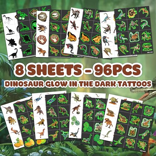 Image of 96 PCS Dinosaur 3D Pre-Cut Luminous Glow in the dark Temporary Tattoos | Super Cute Themed Birthday Party Favors, Supplies, Decorations, Funny Jungle Fake Tattoo, Gifts for Boys Girls