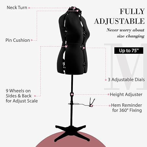 Miniatura 7 de MNOXBCCO formas de vestido para costura, maniquí femenino negro ajustable talla 12-18, cuerpo de modelo con capacidad de engrapado con 13 diales y