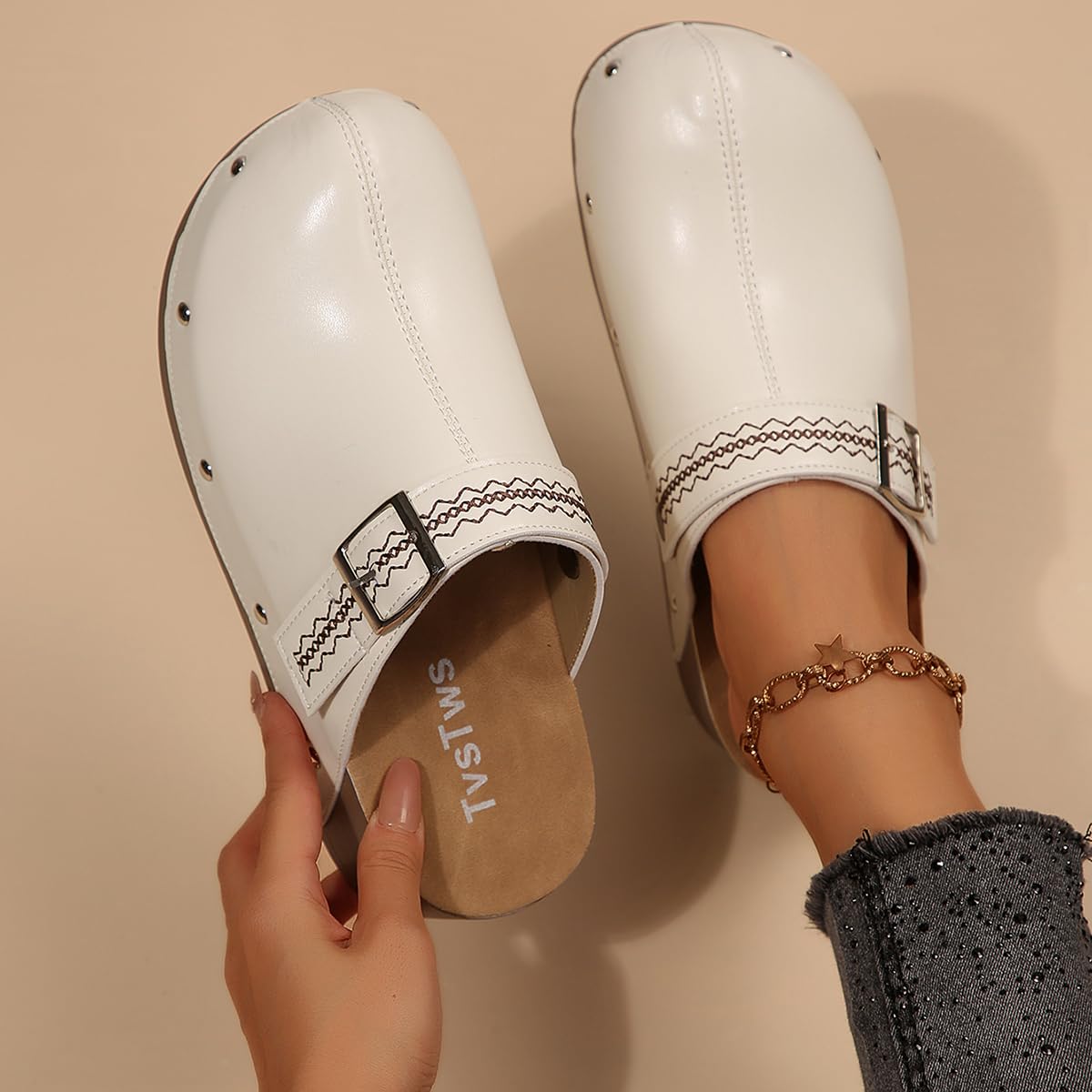 Women's Closed Toe Backless Mule Shoes, Slip‑On Thick Platform Sole Casual Mules with Dec…