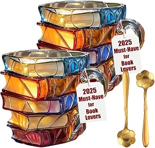 Stain Glass Book Mug,Painted Book Mug Novelty Coffee Mugs,3D Stained Glass Books Mugs,Unique Handcrafted Painted Tea Cup,8 Oz Stacked Books Cups,Gift for Readers Librarians Literature Lovers(2PCS)