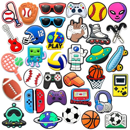 35-Piece Sports & Gaming Shoe Charms for Boys Men Kids Teens & Adults Basketball Football Soccer Baseball Softball Video Game Astronaut & Alien Charms Durable PVC Shoe Accessories for Clogs and Sandals Birthday Gift & Party Favor