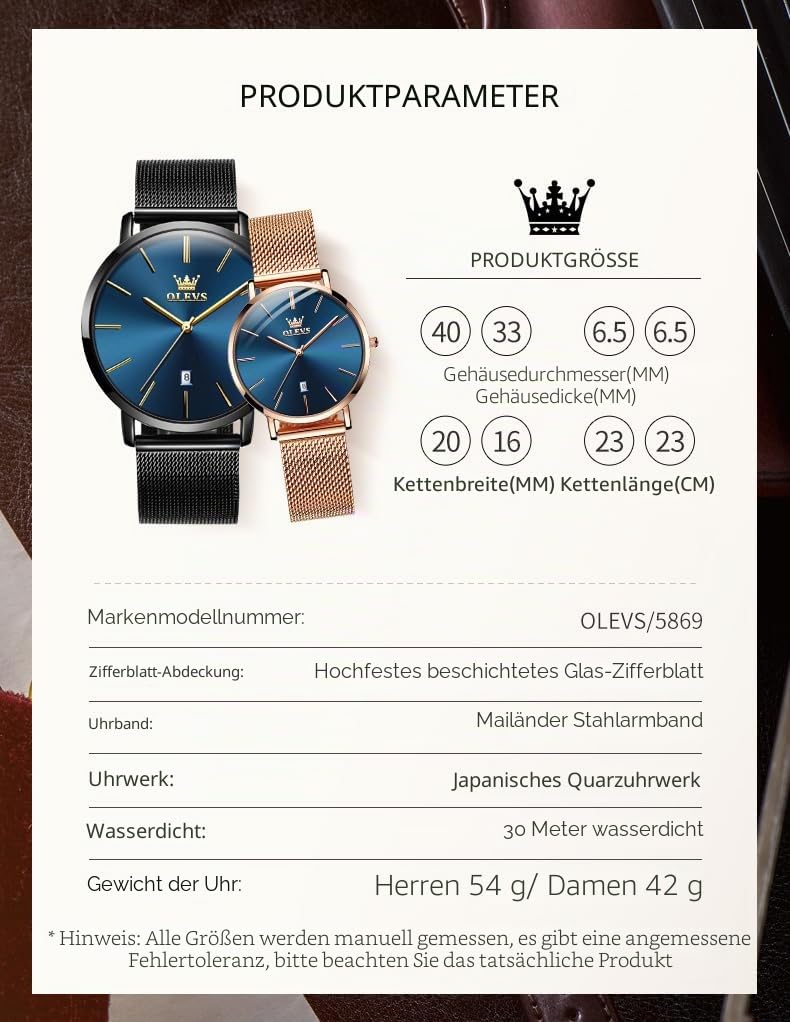 OLEVS Paar Paar Quarz-Uhren, leuchtender Kalender, Datumsfenster, 3 ATM wasserdicht, lässig, Edelstahl, für Sie und Ihn, Armbanduhr für Männer, Frauen, Liebhaber, Hochzeit, romantisch, G5869-schwarz