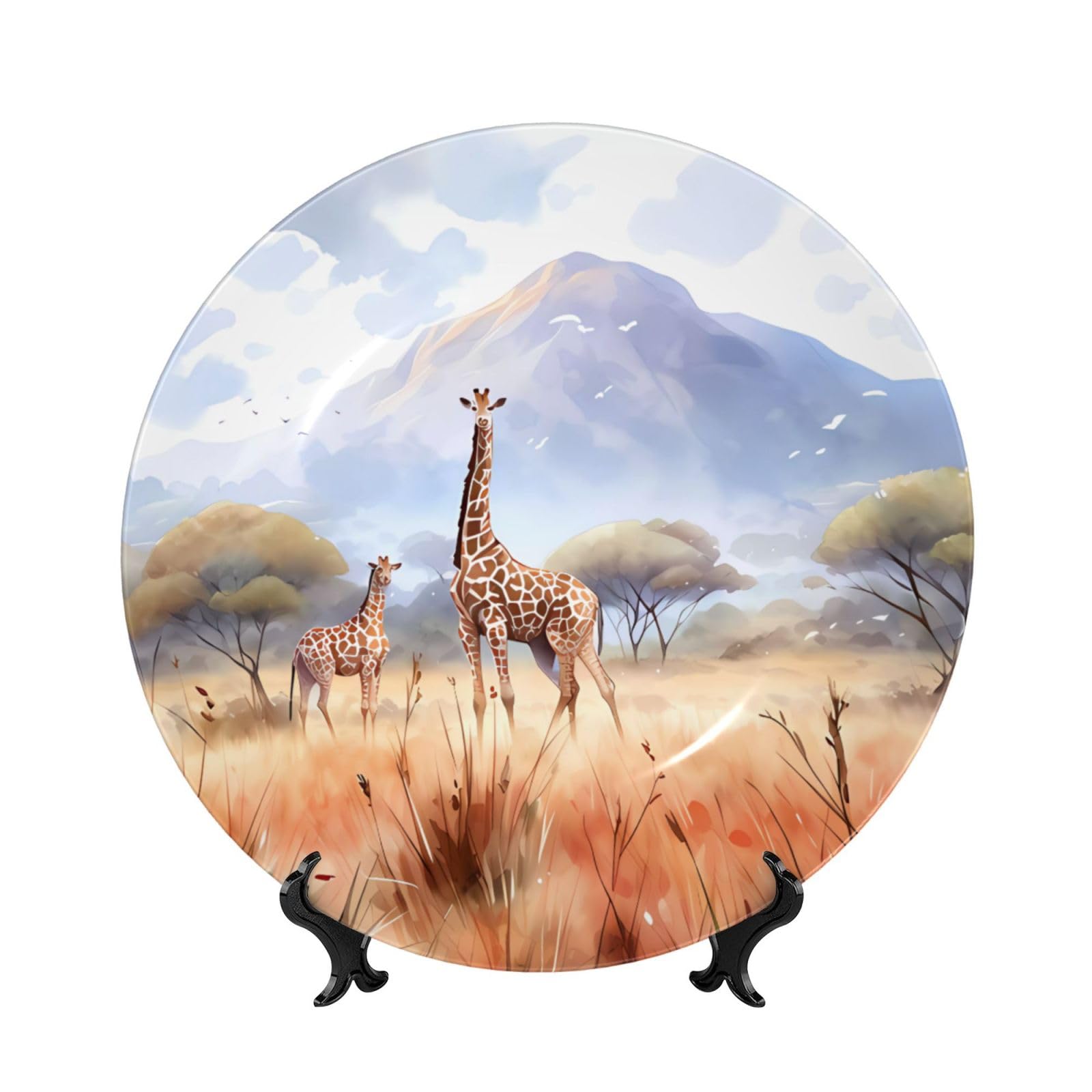 SXZVVBN African Savanna Giraffe Bone China Decorative Plate Art with Stand Removable Adhesive Hanging for Home Office 8in（20cm）