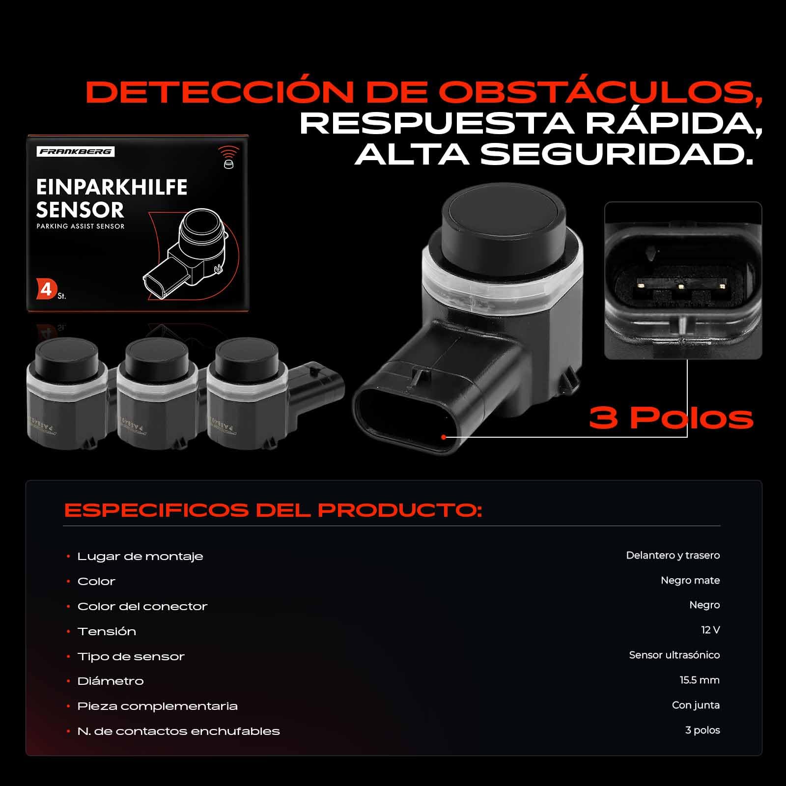 Frankberg 4 sensores de aparcamiento de 3 Polos delanteros y traseros | 1S0919275; Compatible con: Altea XL 5P5 5P8, Habitación 5J7, T.o.u.r.a.n 1T1 1T2, Golf Plus 521 5M1