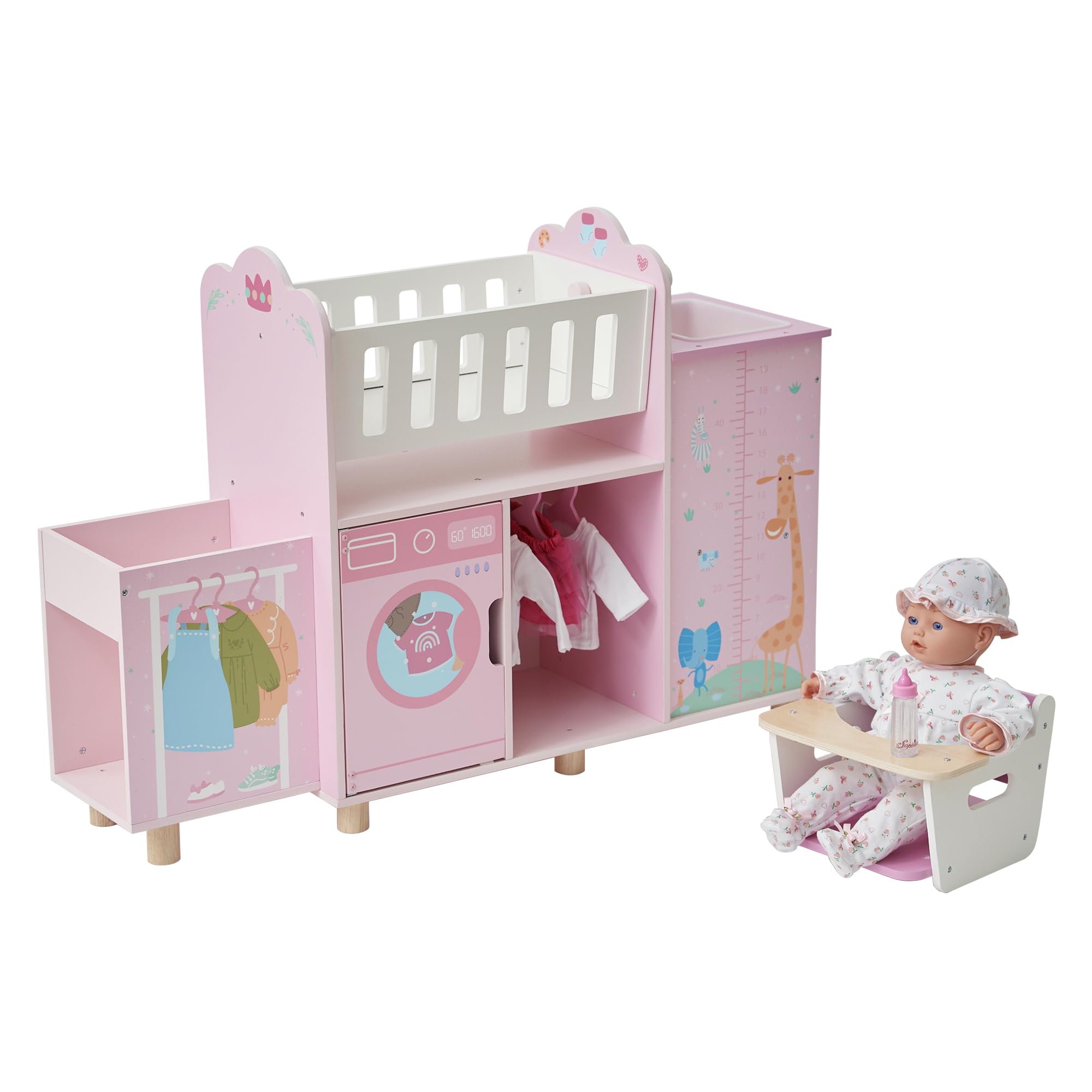 Olivia's Little World 6-in-1 Wooden Baby Doll Nursery Set – Crib, High Chair, Changing Table, Doll Furniture for 16” Dolls – Baby Doll Accessories Playset for Girls Ages 3+, Pink