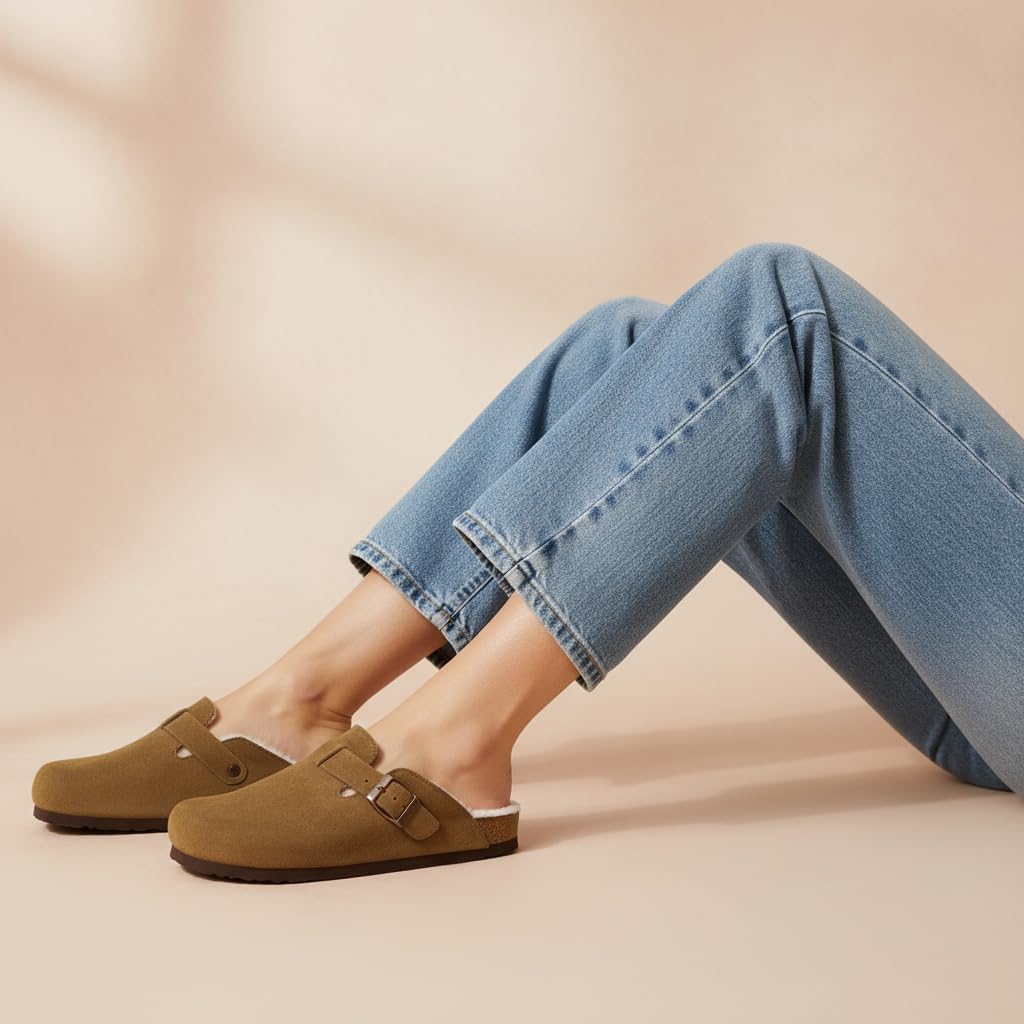 CUSHIONAIRE Women's Hana Cork footbed clog with Genuine Leather upper, Faux Fur lining, and +Comfort - Image 5