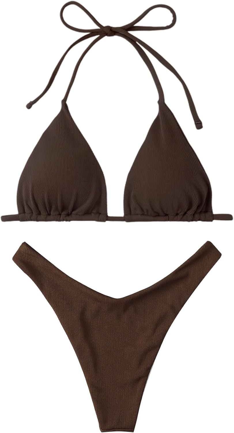 GORGLITTER Women's String Bikini Sets Triangle Halter Top High Cut Thong Two Piece Swimsuit Bathing Suit